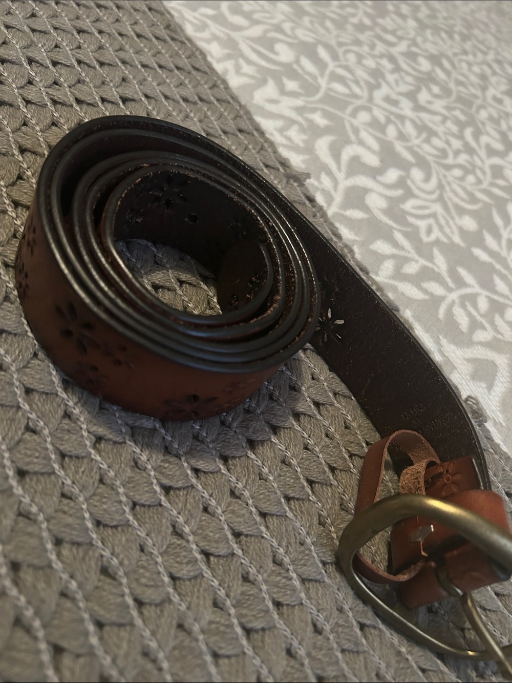 Women's Brown Floral-Embossed Leather Belt with Antique Brass Buckle